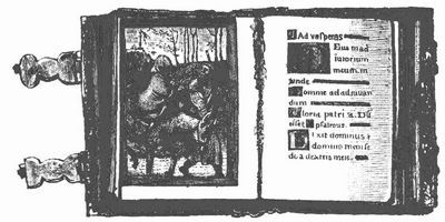 Fig. 1. Lateinisches Horarium (Gebetbuch), aufgeschlagen, aus dem Anfang des 16. Jahrhunderts. Die Miniatur stellt die Flucht nach Ägypten dar. Naturgröße. (Berlin.)