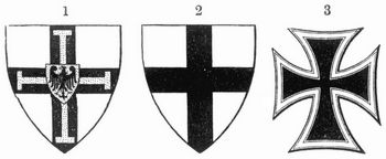 Fig. 1. Altes Wappen des Hochmesiters, spätern Hoch- und Dentschmeisters. – 2. Wappen des Deutschen Ritterordens. – 3. Ritterbrustkreuz (Öfterreich).