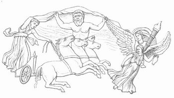 Helios und Eos, vom Morgentau getragen, darüber der Himmelsgott. Relief vom Harnisch der Augustusstatue im Vatikan.