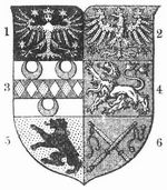 Wappen des Fürstentums Ostfriesland (1682). 1 Cirksena, 2ten Brook, 3 Manslagt, 4 Ukena, 5 Esens, 6 Wittmund.