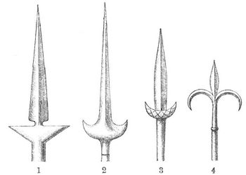 Fig. 1 u. 2. Spieße mit Nebenspitzen; Fig. 3. Senegambische Partisane; Fig. 4. Malaiische Korseke.