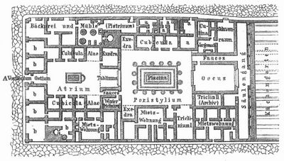 Grundriß eines römischen Hauses (Haus des Pansa in Pompeji). a u. b Läden.