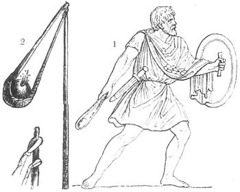 Fig. 1. Römischer Schleuderer (Relief der Trajanssäule). Fig. 2. Stabschleuder.