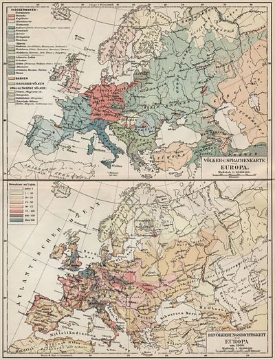 Völker- u. Sprachenkarte. Bevölkerungsdichtigkeit von Europa.