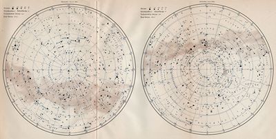 Karte des nördichen Gestirnten Himmels bis 25° nördl. Deklination. Karte des südlichen Gestirnten Himmels bis 25° südl. Deklination.