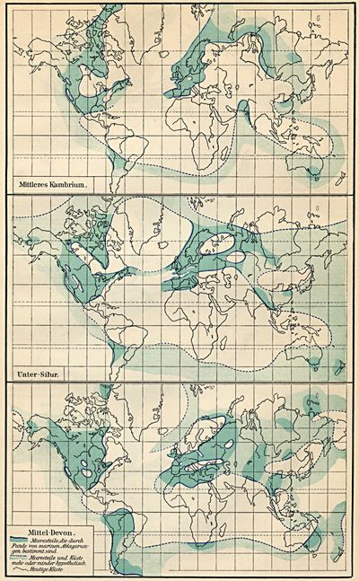 Geologische Formationen III. Verteilung von Wasser und Land zur Zeit der Kambrischen, Silurischen und Devonischen Formation.