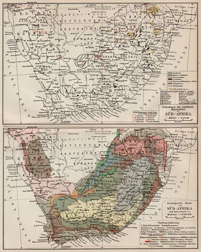 Vorkommen der nutzbaren Mineralien in Süd-Afrika. Geologische Karte von Süd-Afrika.