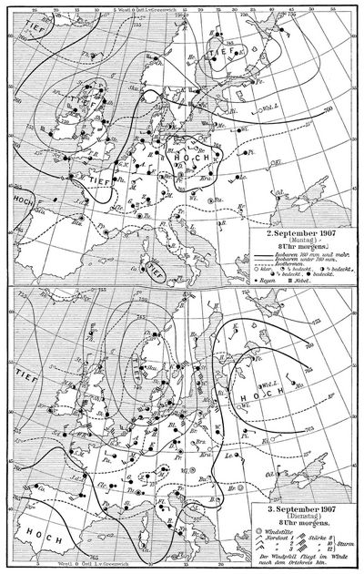 Wetterkarten nach den Wetterkarten der Deutschen Seewarte.